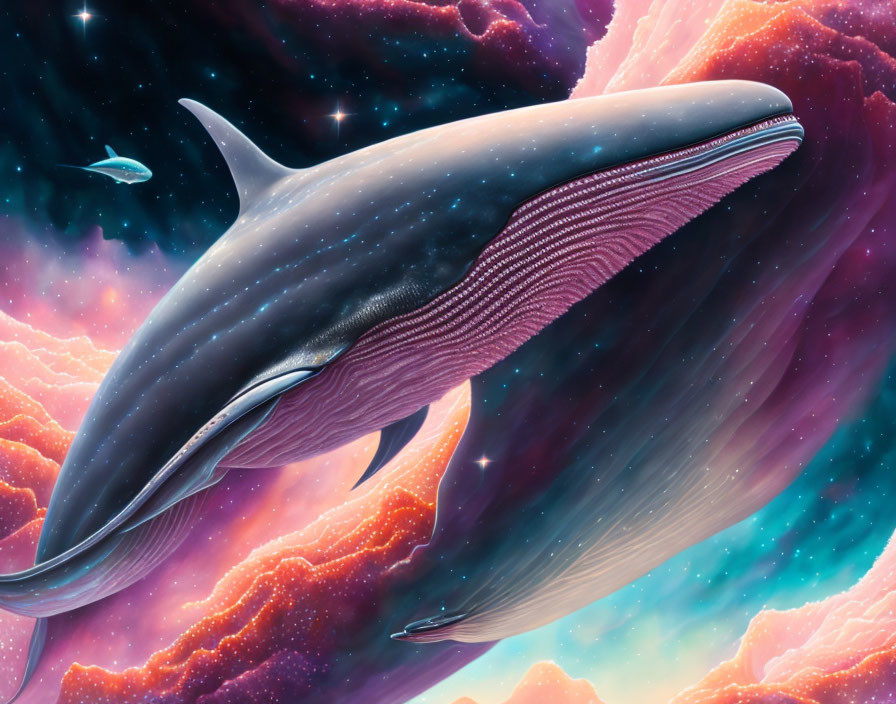 Vibrant cosmic whale art in nebula with stars