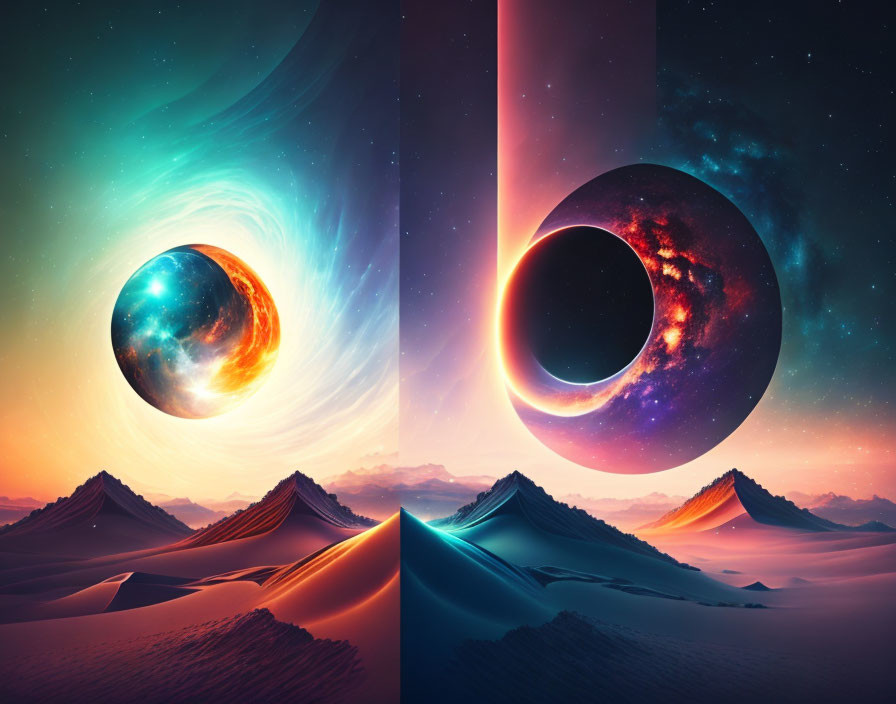 Surreal digital artwork with celestial landscapes and swirling nebulas