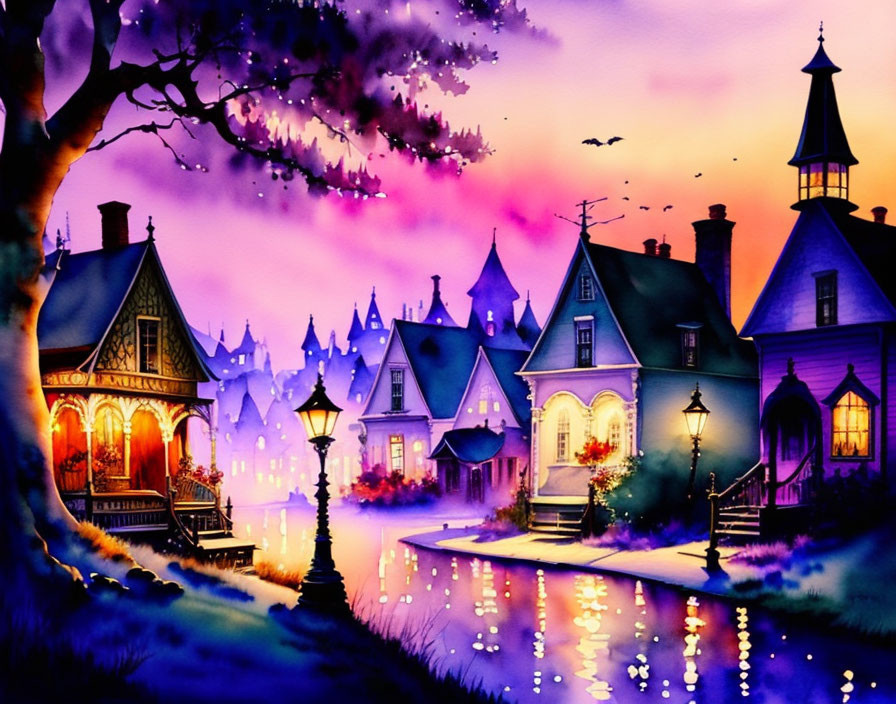 Whimsical village illustration: vibrant dusk scene with purple skies, illuminated houses, serene river.