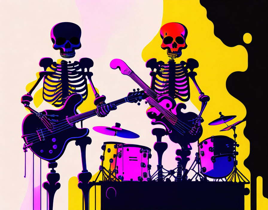 Colorful Skeleton Musicians Playing Guitar, Bass, and Drums on Dual-toned Background