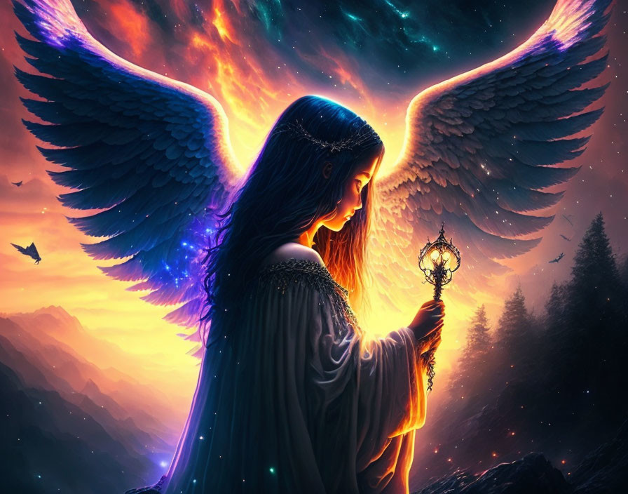 Digital artwork: Angelic figure with glowing wings and staff in vibrant sunset sky