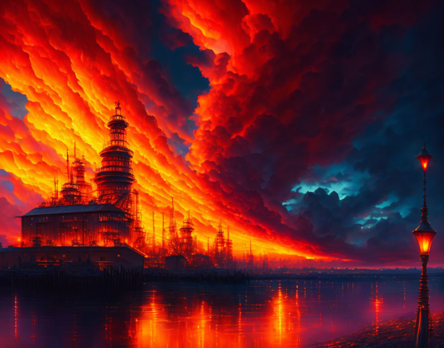 Industrial waterfront with towering structures under fiery sky