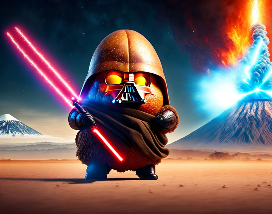 Mini Darth Vader with red lightsaber on desert planet with volcanoes and blue comet