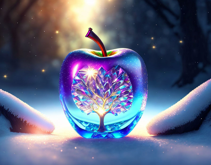 Translucent glowing apple with cosmic pattern on snowy background