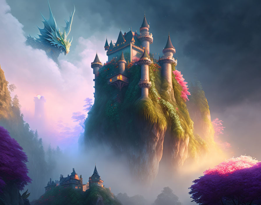 Whimsical castle on floating island with dragon in misty landscape