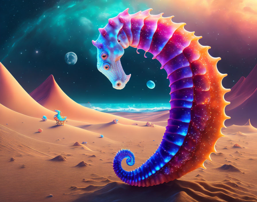 Colorful cosmic seahorse in desert landscape with starry sky and roaming creatures