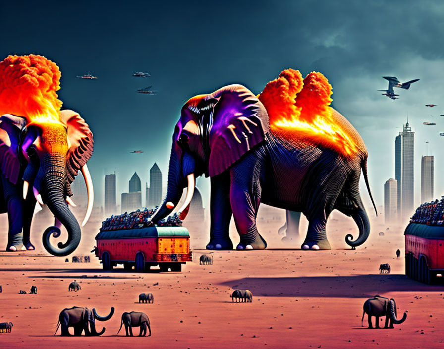 Surreal artwork: elephants on fire in cityscape with arid landscape