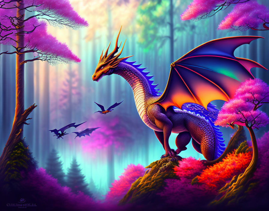 Blue-Scaled Dragon in Mystical Forest with Purple Foliage