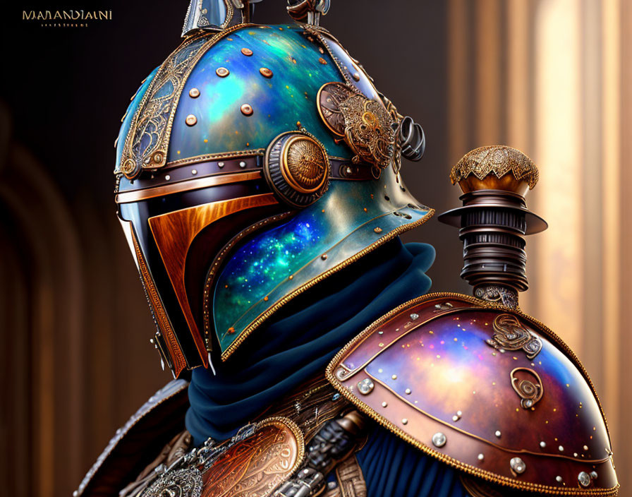 Detailed Celestial Motif Knight's Helmet and Armor: Blue and Starry Design with Gold Embell