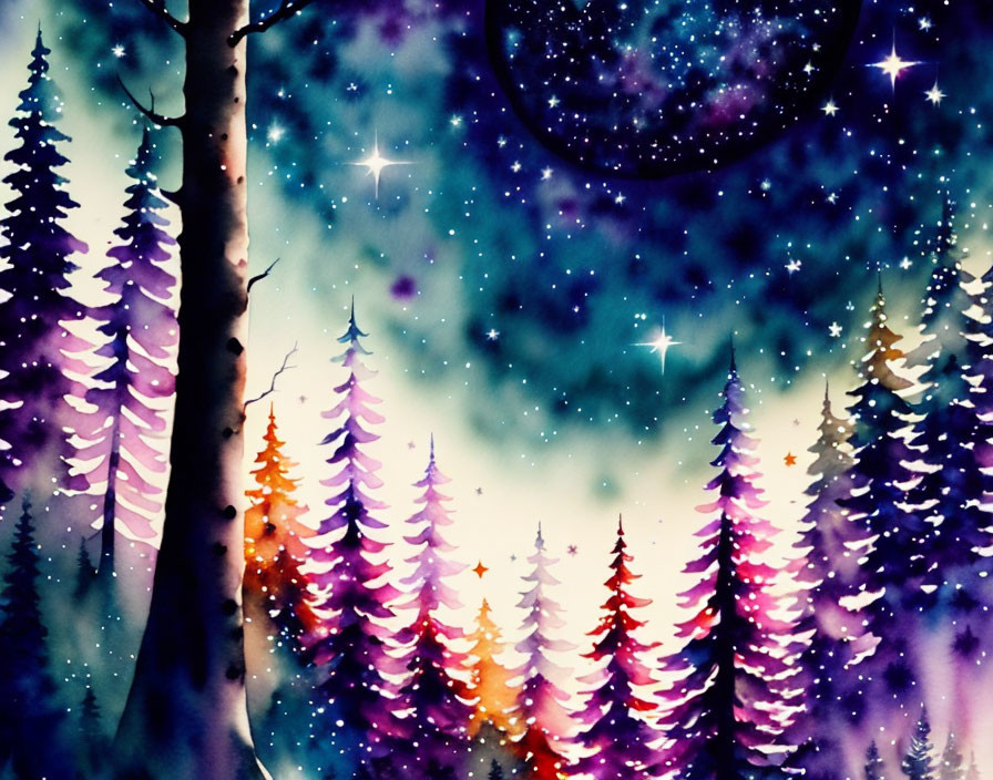 Colorful whimsical forest under starry night sky with crescent moon in purple, pink, and