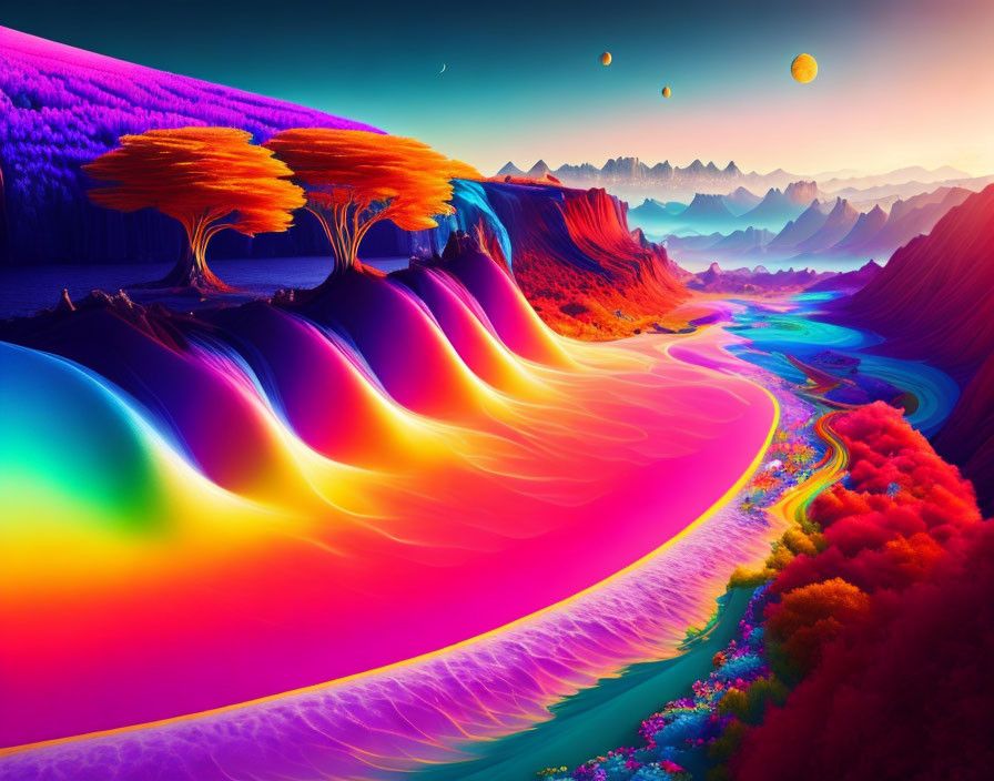 Colorful surreal landscape with rainbow terrains, purple foliage, and multiple moons