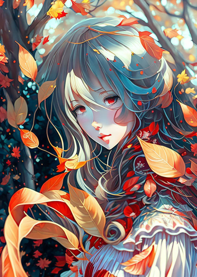 Illustrated girl with blue hair in enchanted forest with autumn leaves