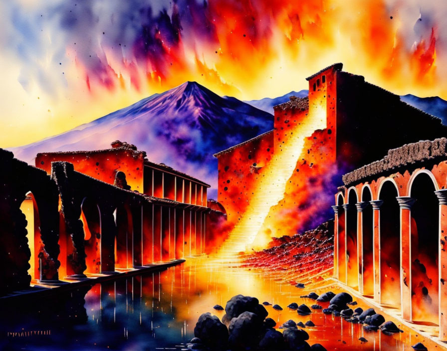 Vibrant painting of Mount Vesuvius eruption in Pompeii