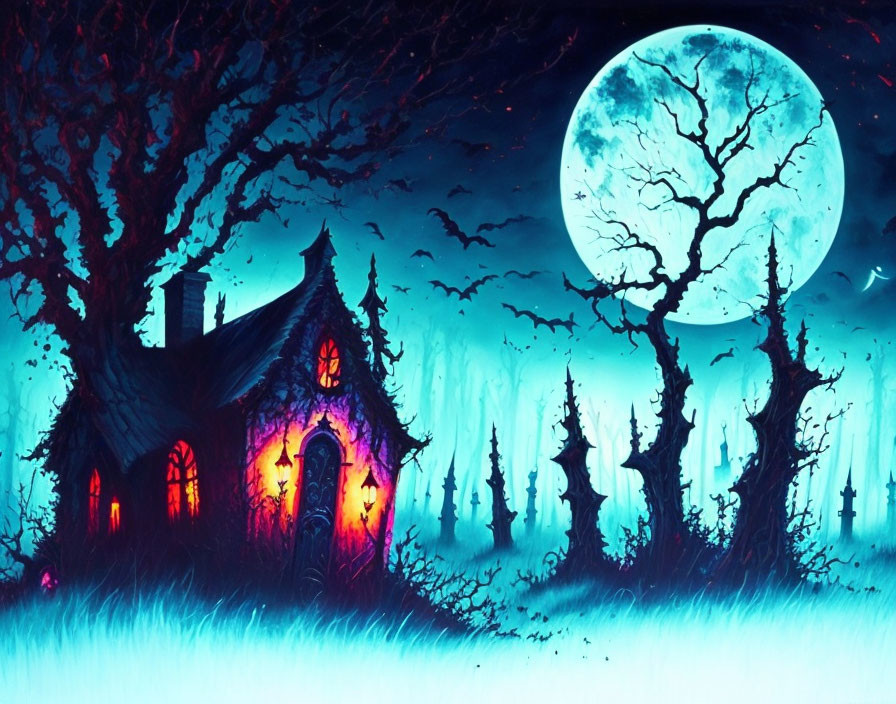 Spooky illuminated haunted house under full moon