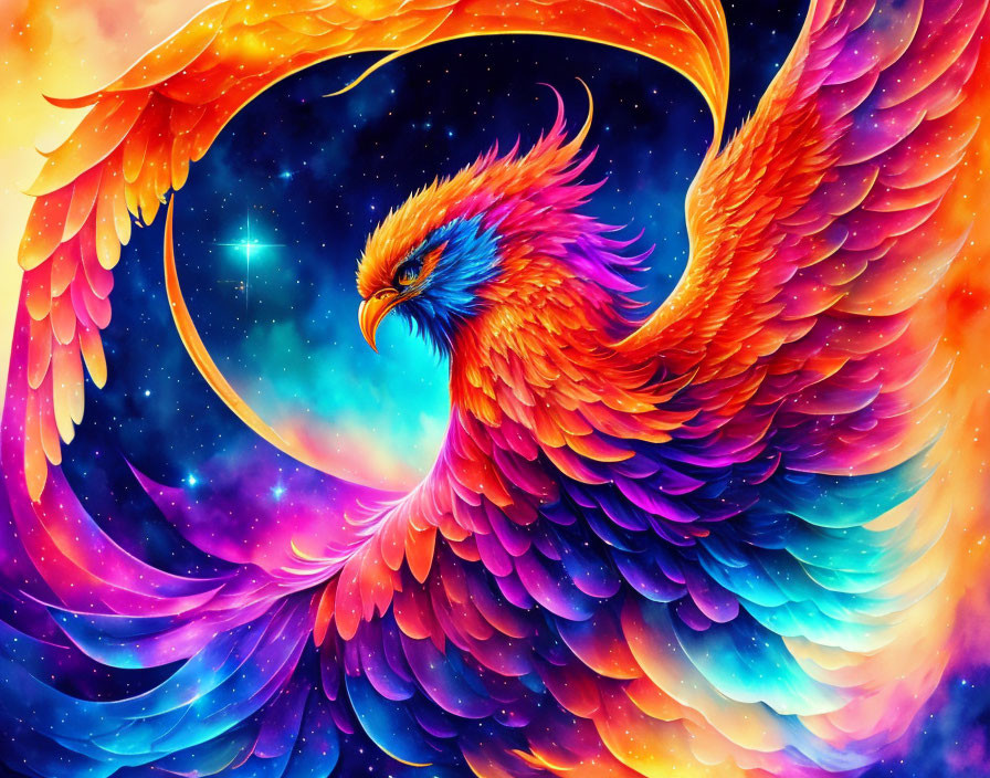 Mythical phoenix illustration with fiery wings in cosmic setting