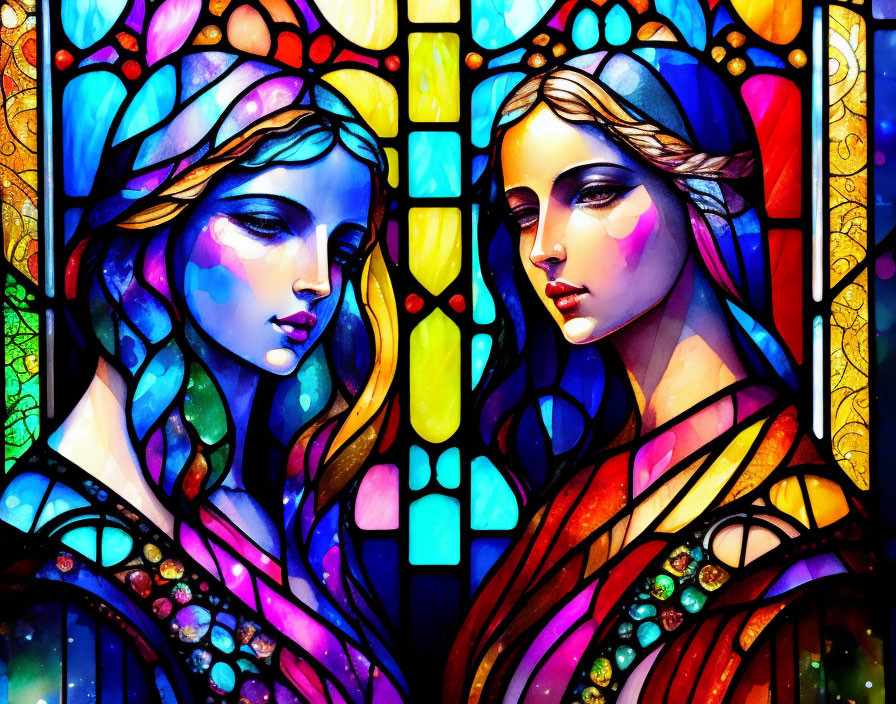 Colorful Stained Glass Artwork of Two Women in Jewel Tones