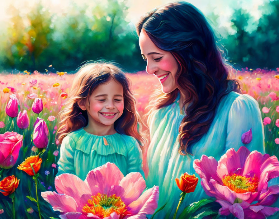 Smiling woman and girl in blue outfits surrounded by pink and purple flowers