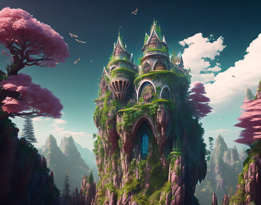 Fantastical castle on rocky peak amidst lush forests