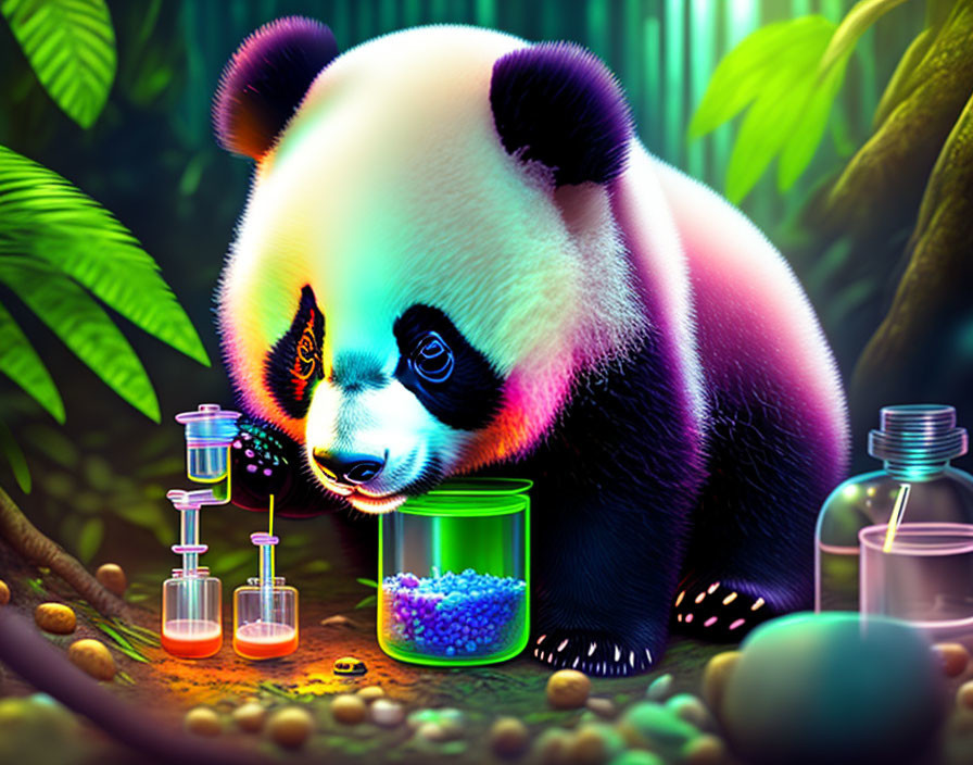 Vibrant panda illustration in forest laboratory scene