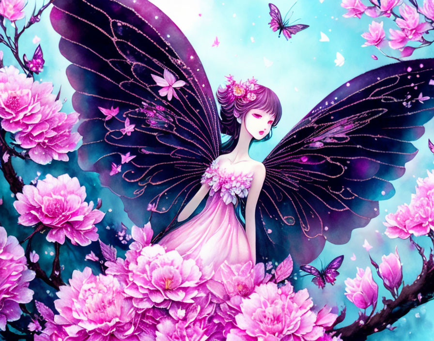 Fantastical fairy with black wings among pink flowers and butterflies