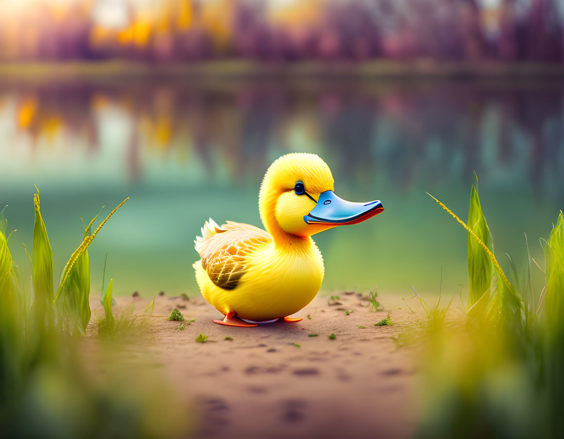 Colorful rubber duck on grass with lake and trees in soft focus