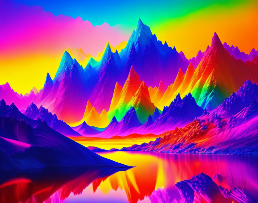 Vibrant neon-lit mountains reflected in calm lake under gradient sky