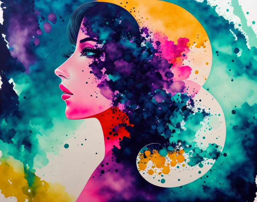 Woman's Profile Blended with Watercolor Splashes and Circular Patterns