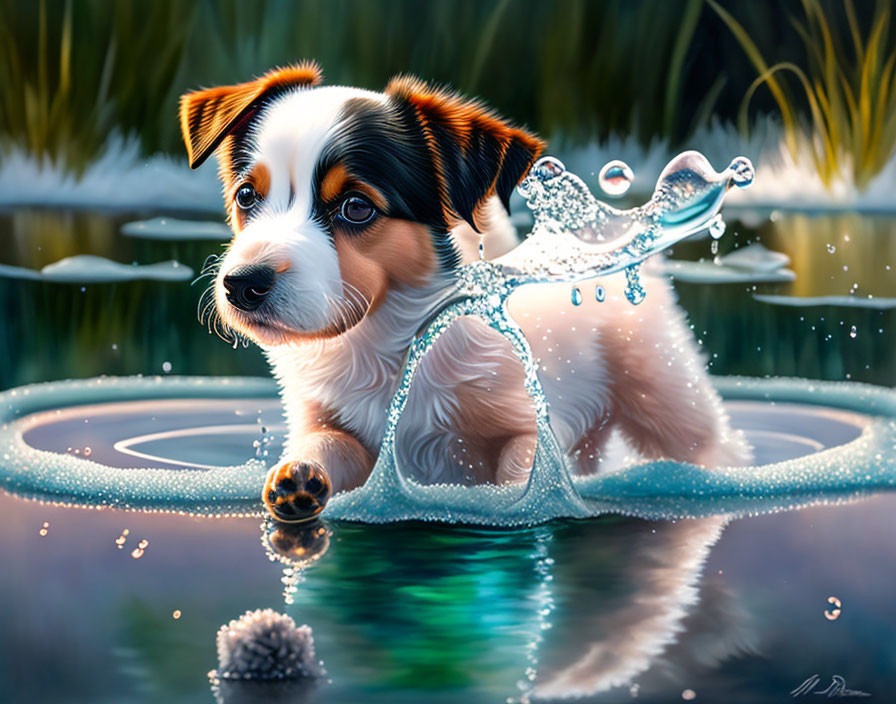 Tri-color puppy digital painting in water with ripples and splash