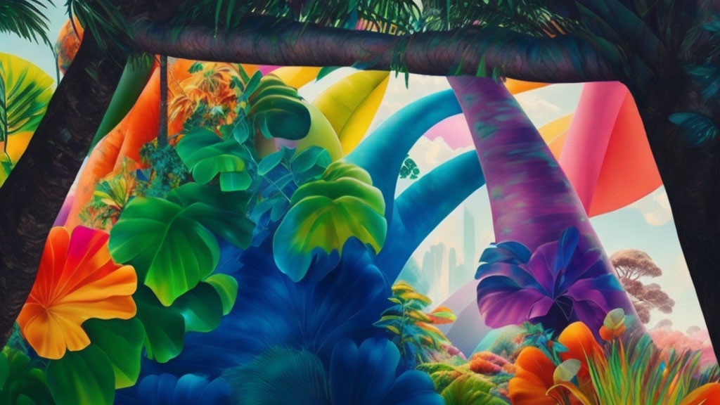 Colorful Surreal Forest: Vibrant Digital Art of Fantastical Trees & Tropical Plants