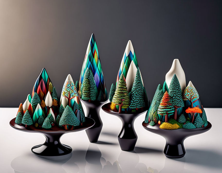 Intricately Designed Glass Trees in Various Patterns and Colors