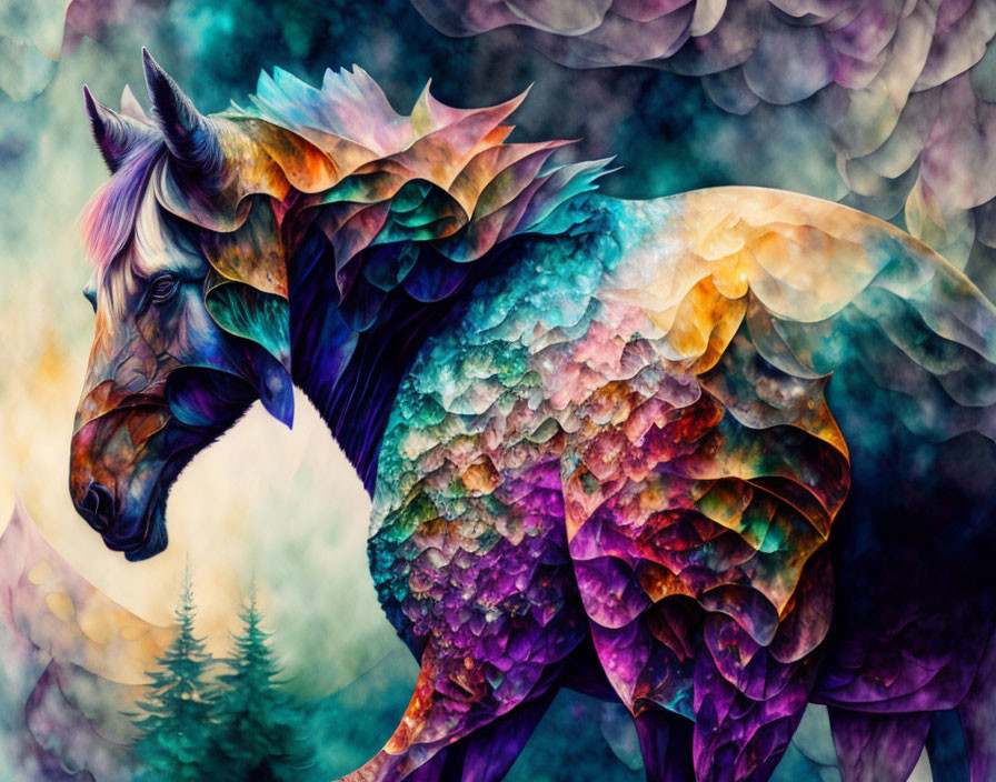 Colorful Horse Illustration in Surreal Forest Setting