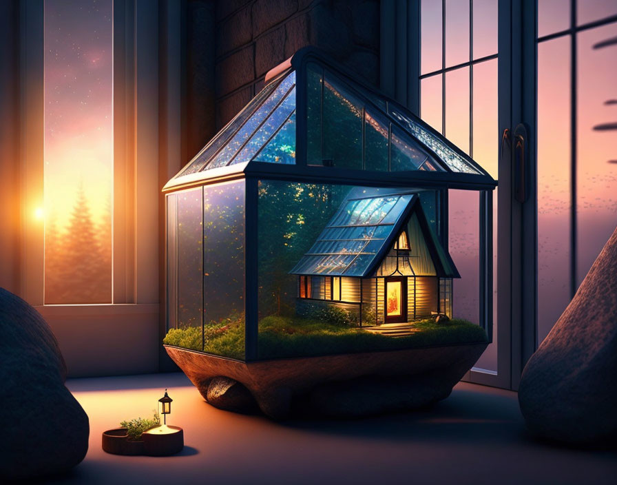 Miniature house in glass terrarium on stone with twilight sky background