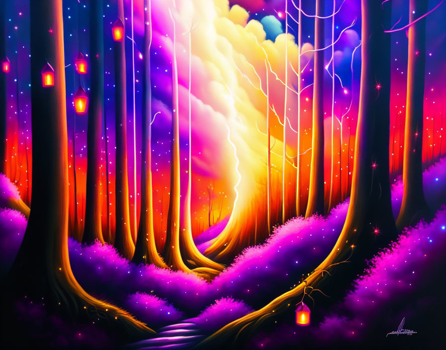 Vibrant fantasy forest with purple foliage and glowing lanterns under a mystical swirling sky