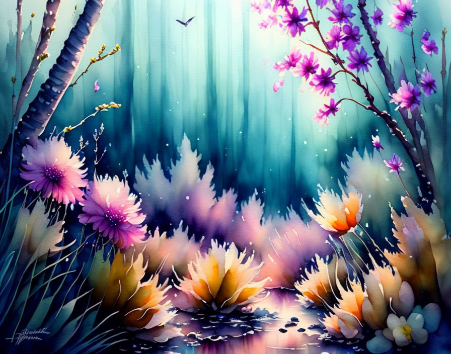 Enchanting forest watercolor with flowers, pond, and light