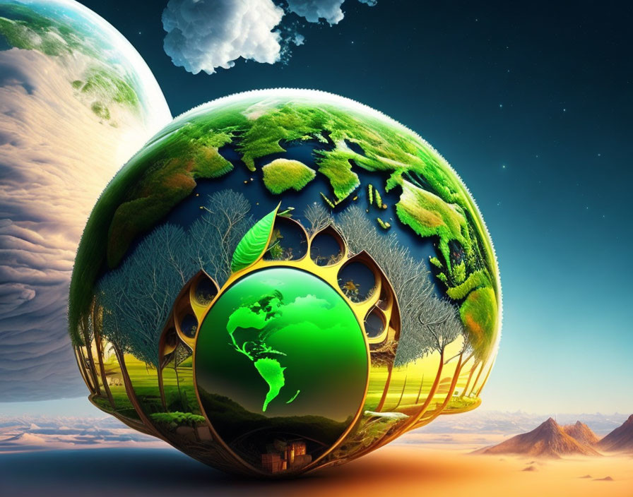 Colorful digital artwork: Green Earth with diverse ecosystems, leaf symbol, space backdrop.