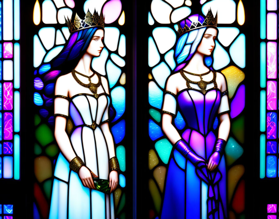 Stained glass panels: regal women in crowns, one white and blue, the other purple