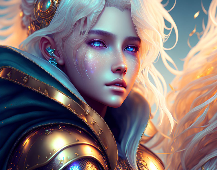 Fantasy digital art: Female character with blue eyes, starry cheeks, white hair, golden armor