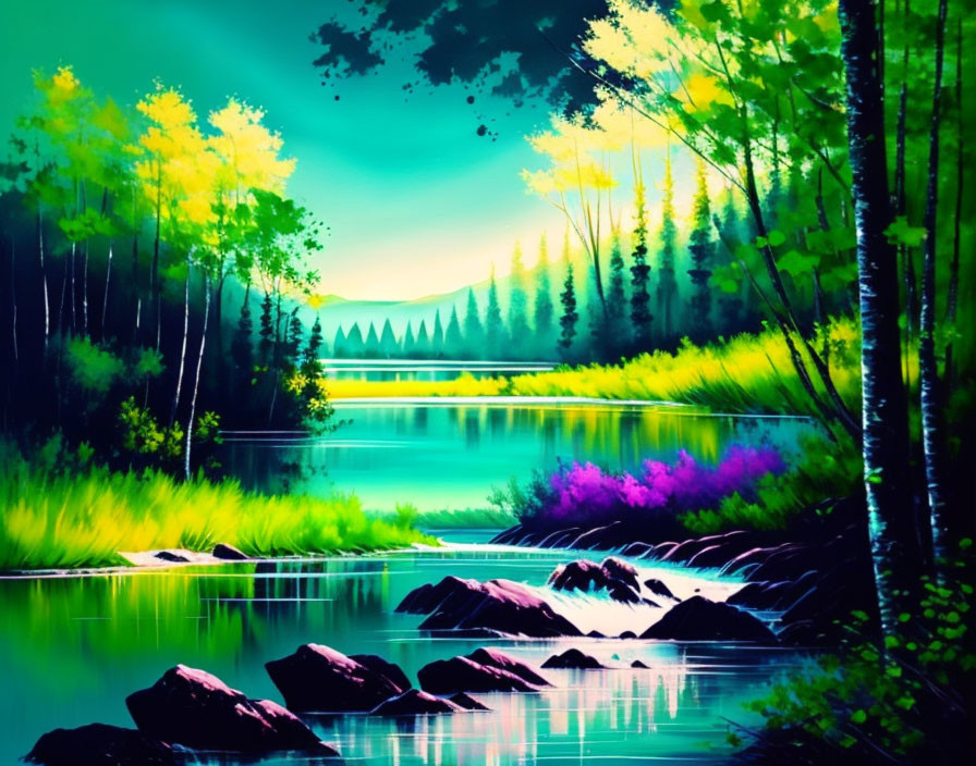 Serene forest digital painting with lake and colorful flora