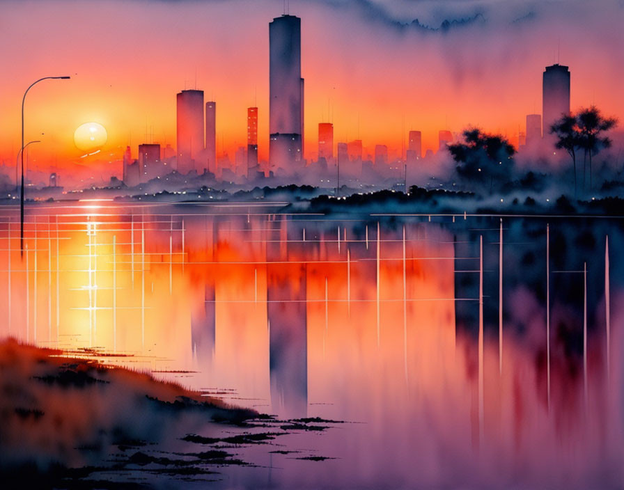 Vibrant sunrise city skyline reflected in water with misty background