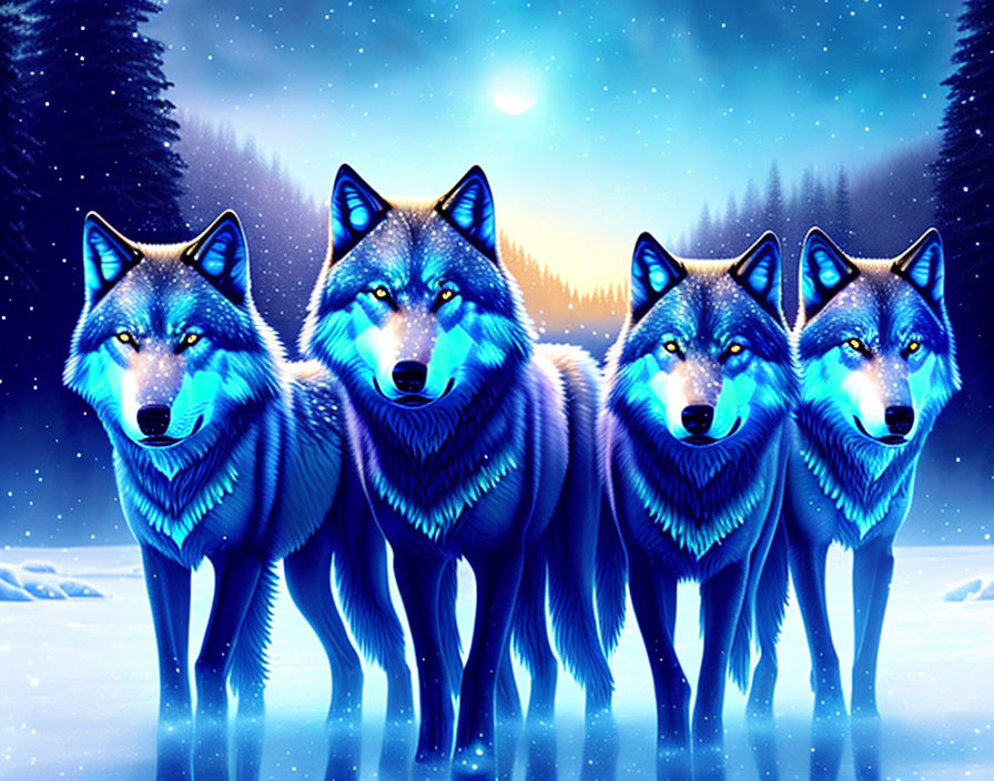 Four blue wolves in snow forest under starry sky