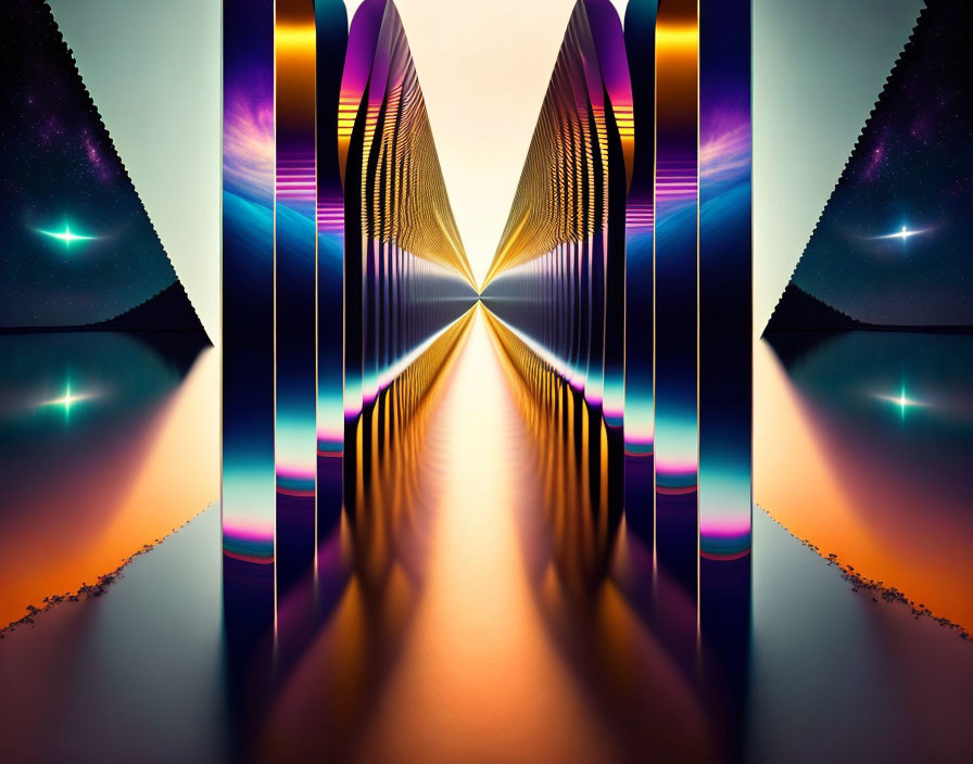 Symmetrical abstract image: Central vanishing point, vibrant colors, water reflection, star-like lights