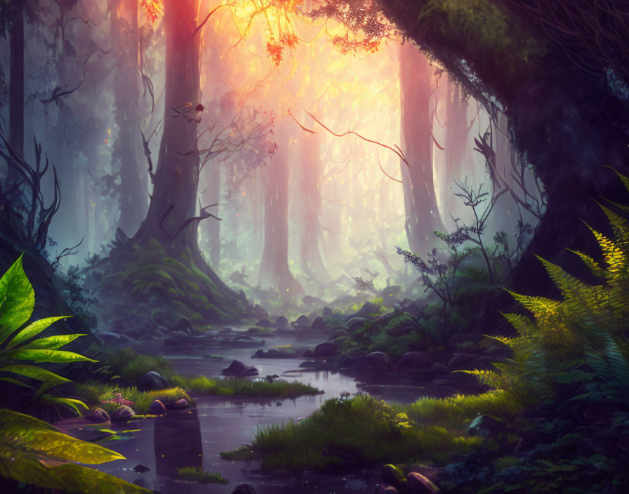 Mystical forest with sun rays, stream, greenery, and towering trees