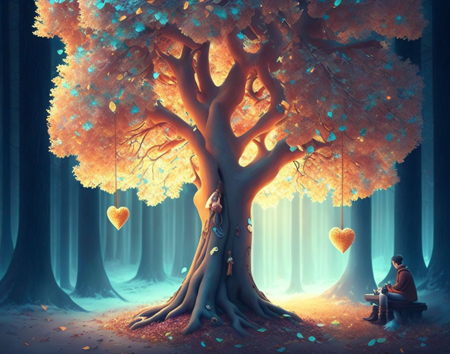 Fantasy illustration of person under glowing heart tree