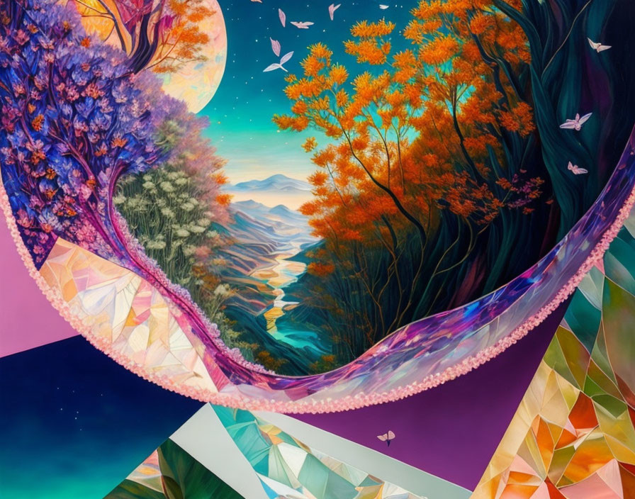 Colorful trees, moon, birds in surreal landscape art