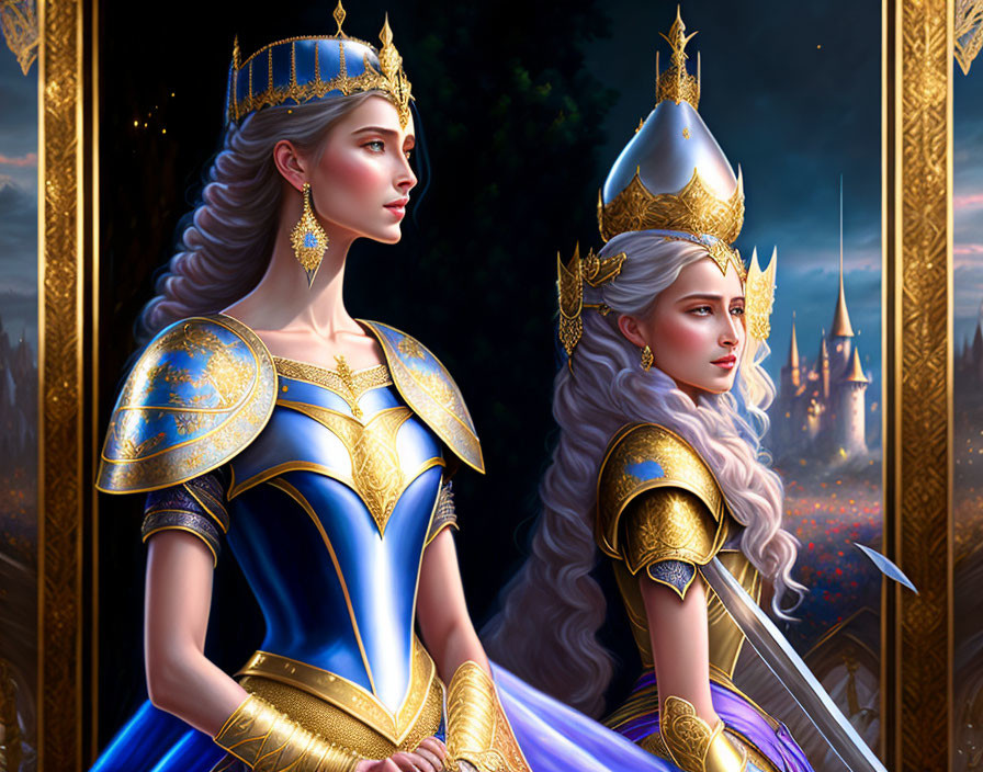 Regal women in golden armor and crowns at castle backdrop