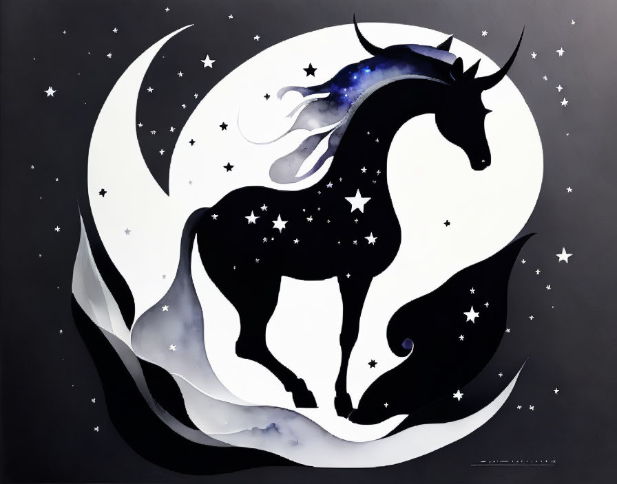 Celestial-themed silhouette with unicorn, stars, and crescent moon.