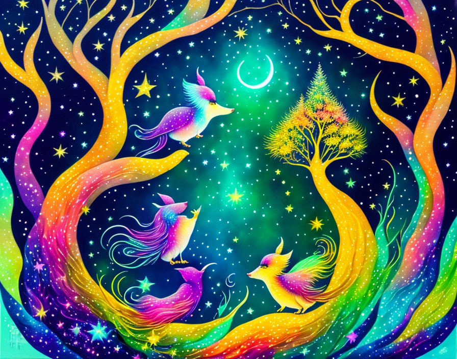 Whimsical bird illustration in starry night landscape