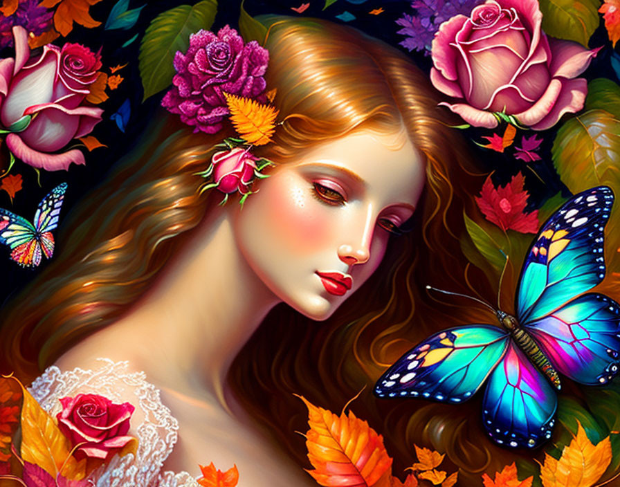 Colorful woman portrait with autumn leaves, flowers, and butterfly