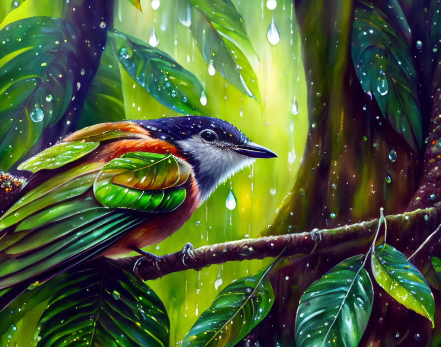 Colorful Bird Perched on Branch in Rain-Drenched Forest