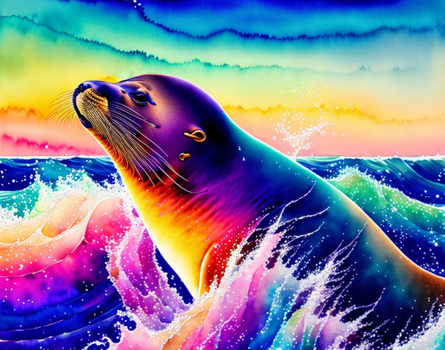 Colorful Seal Artwork with Psychedelic Rainbow Palette & Ocean Background